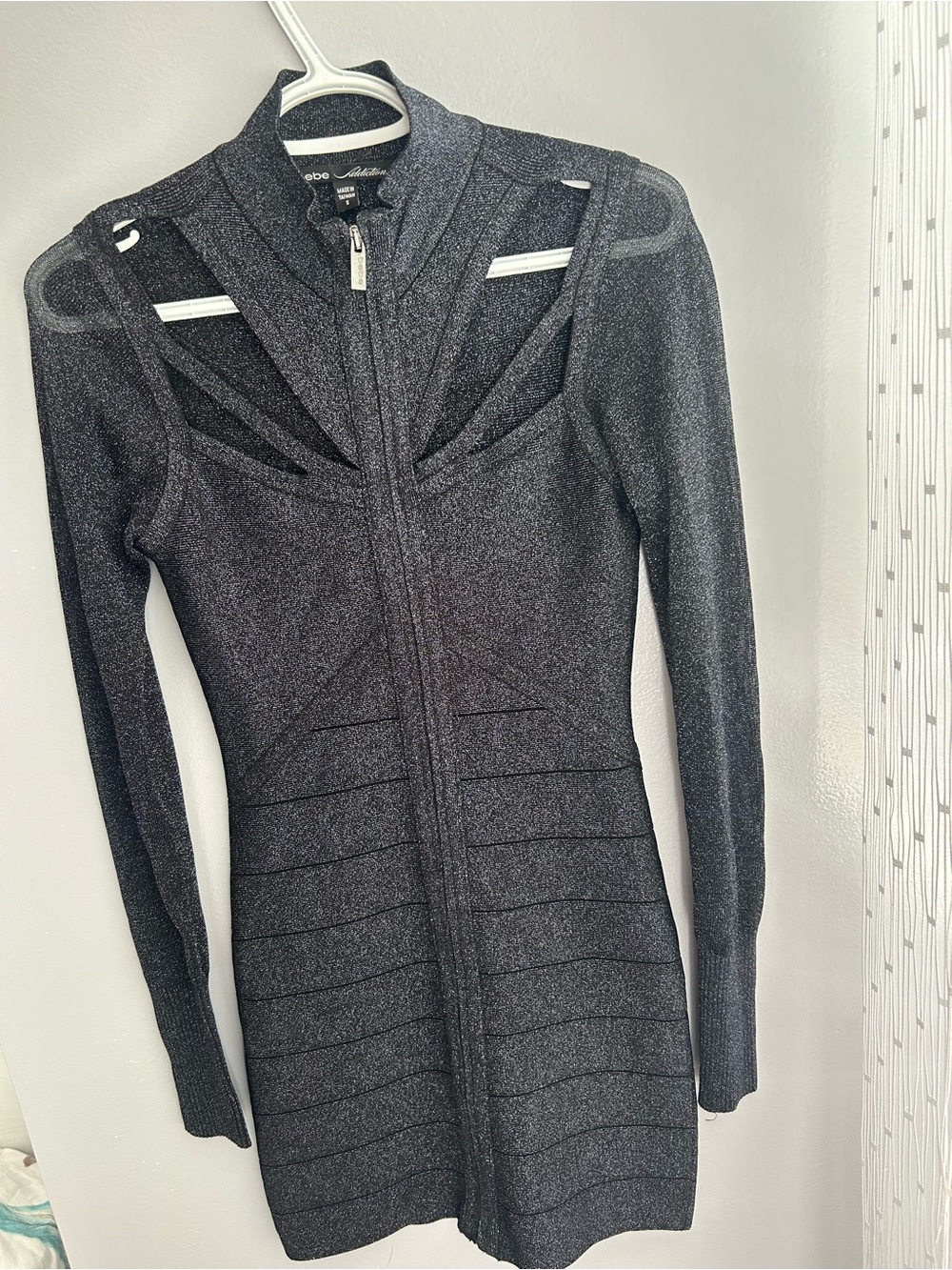 BEBE Addiction Metallic Black Long Sleeve Zip Dress